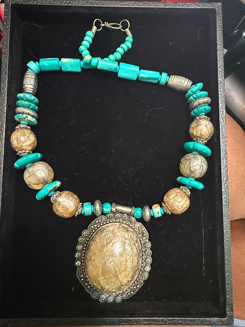 Turquoise and Beige Statement Pendant Necklace - Boho Chic